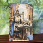 A king, standing, one hand holding a sword, one hand on a book, the blade of the sword rests on the book pages