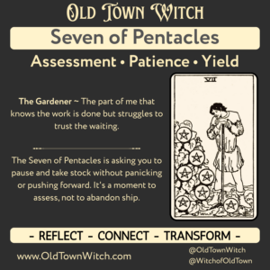 Intro slide for the tarot card the Seven of Pentacles